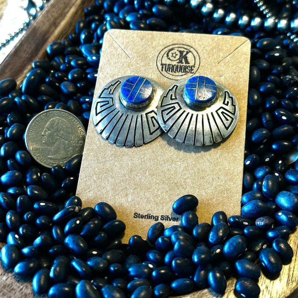 Vintage Native American Sterling Silver Denim Lapis Inlay Post Earrings